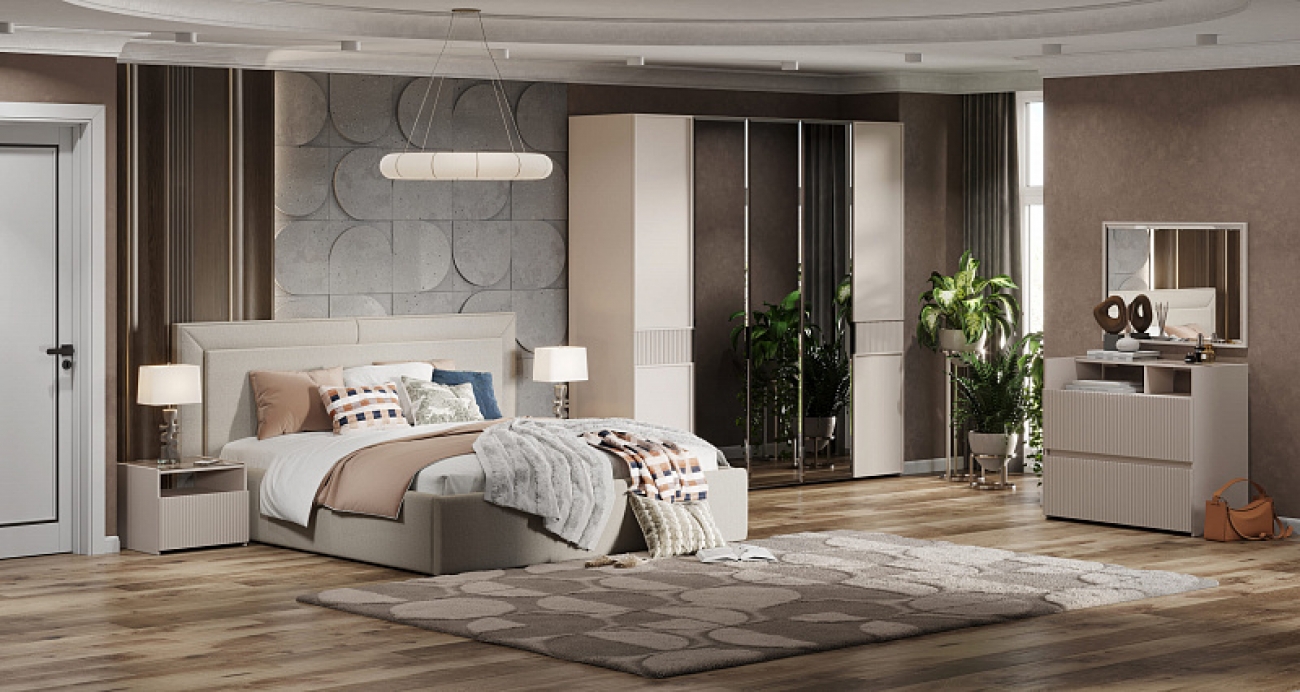 Спальня "Афина" (Кровать 1,8; 2 тумбы; Комод с зеркалом; Шкаф 5 дверный)