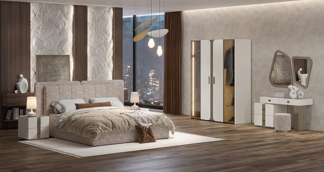 Спальня "Леонардо" (Кровать 1,6 с малым и большим изголовьем; 2 тумбы; Туалетный стол с зеркалом и пуфом; Шкаф 4 дверный)