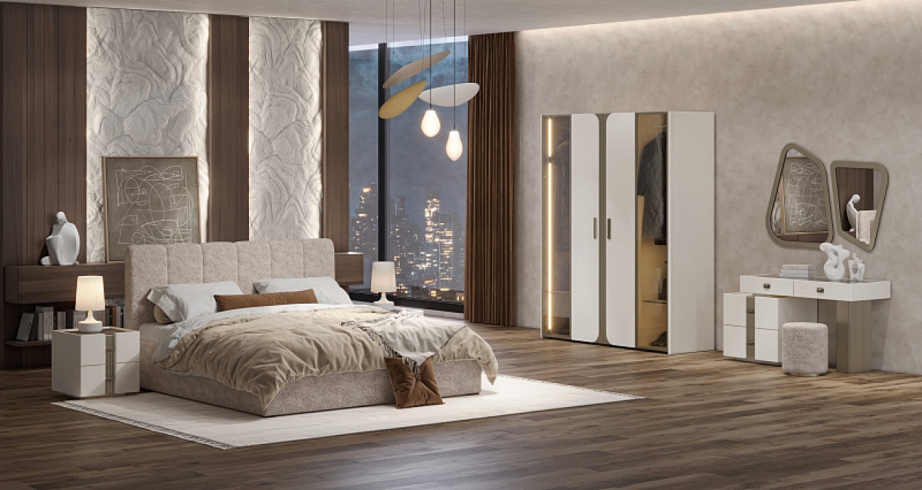 Спальня "Леонардо" (Кровать 1,6 с малым изголовьем; 2 тумбы; Туалетный стол с зеркалом и пуфом; Шкаф 4 дверный)