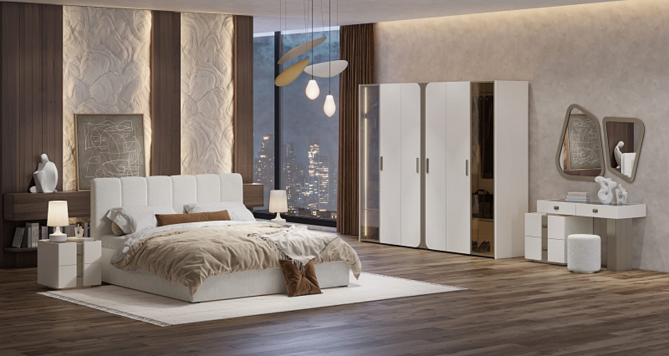 Спальня "Леонардо" (Кровать 1,8 с малым изголовьем; 2 тумбы; Туалетный стол с зеркалом и пуфом; Шкаф 6 дверный)